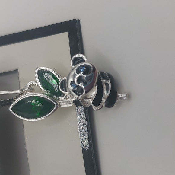 Napier Silver Tone Simulated Crystal Enamel Panda Earrings - Picture 8 of 14